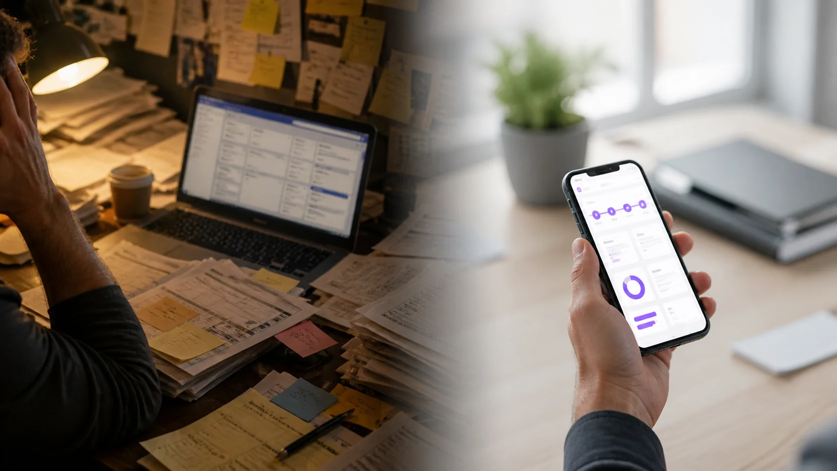 Split-frame contrast — a cluttered office with paper insurance policies on the left, a clean phone screen showing the COGNITEX dashboard on the right.