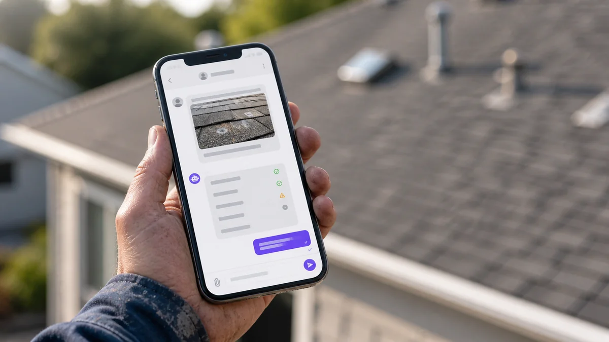 Hand holding phone showing Telegram chat with on-site roof damage analysis from the COGNITEX bot.