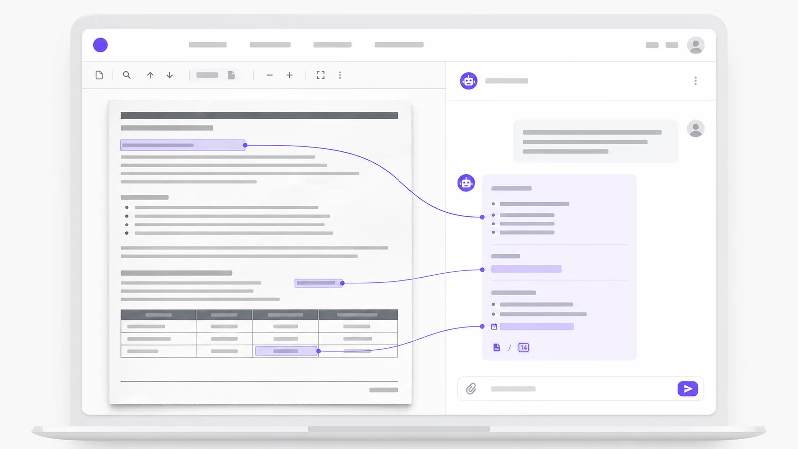 Side-by-side product view — an insurance policy PDF with AI-extracted fields highlighted in purple, and a chat panel answering a deductible question with a page citation.