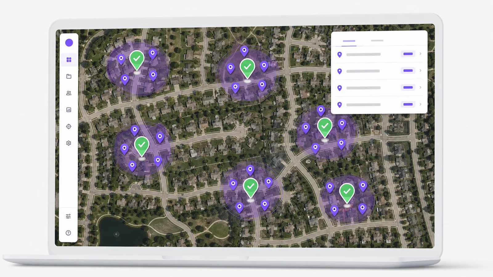 Satellite map of an American suburban neighborhood with green pins for won jobs and clusters of purple pins marking AI-suggested target leads nearby.