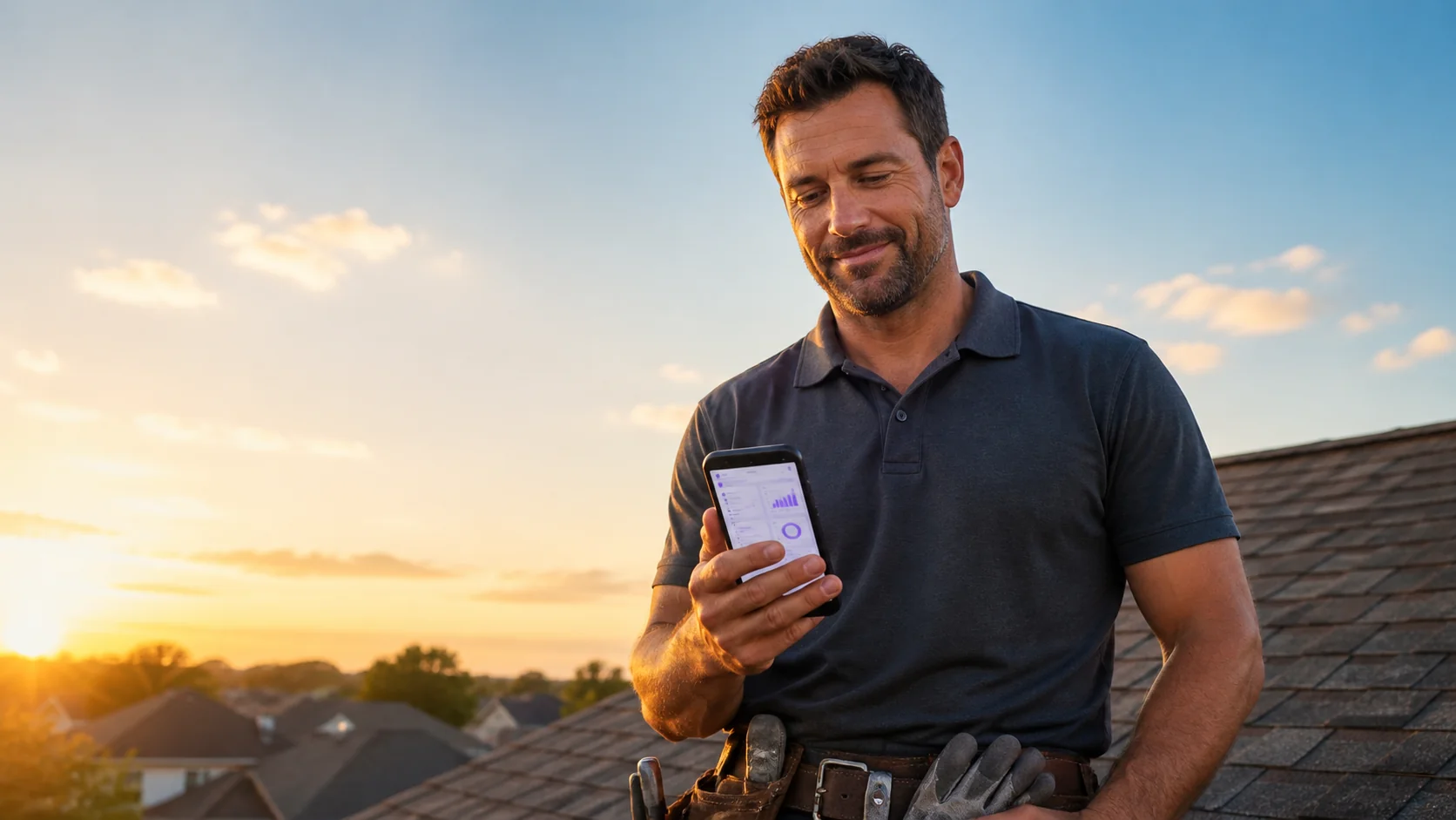 Roofing contractor on a residential rooftop at sunset, smiling at his phone showing the COGNITEX dashboard.